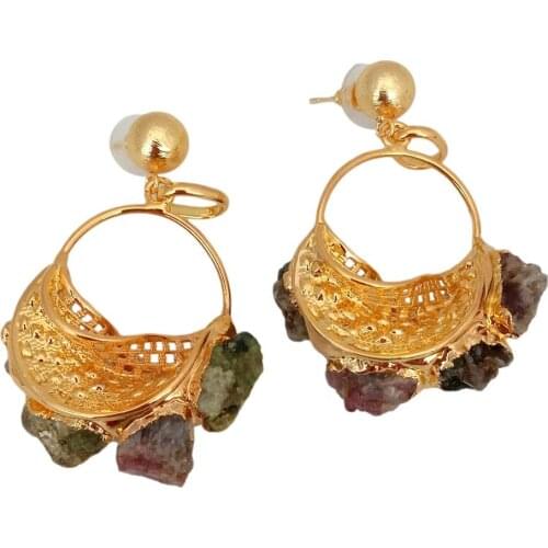 Y·YING Natural Tourmaline Rough Dangle Bohemia Gold Color Plated Stud Earrings