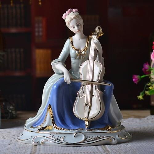 Western Female The Girl With The Cello Home Decor Ceramic Figurines Art Crafts Coffee Bar Porcelain Ornament Wedding Decoration