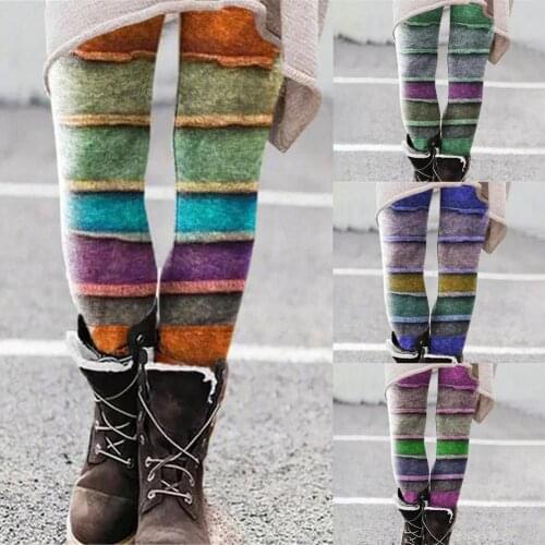 2021 Women Ladies High Waist Leggings Pants Stripes Print Long Trousers Women Striped Skinny Leggings for Autumn Womens pants
