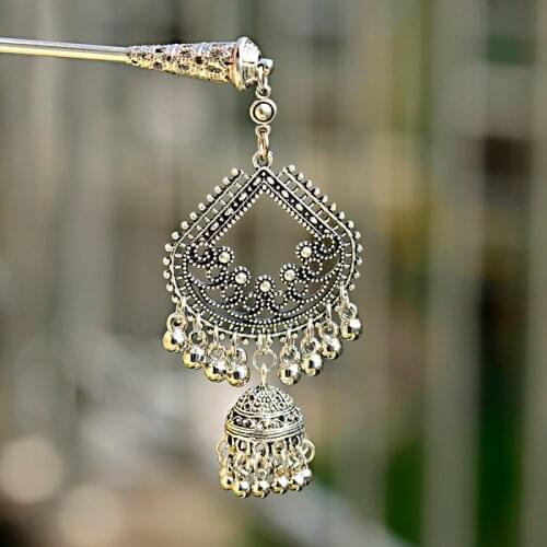 Ethnic Women Hairpin Hair Ornaments Indian Jewelry Big Sliver Plated Hollow Vintage Lantern Tassel Palace Pendant Hair Sticks