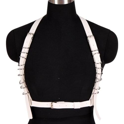 White Leather Harness Suspender Shoulder Cage Waist Belt Metal Ring Top Pole Dance Rave Strap Bondage Adjust Sexy Lingerie Women