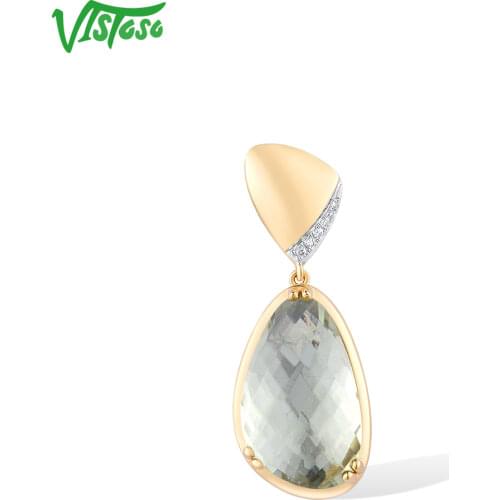 VISTOSO Pure 14K 585 Yellow Gold Pendant For Women Shiny Diamond Geometric Irregular Green Amethyst Anniversary Fine Jewelry
