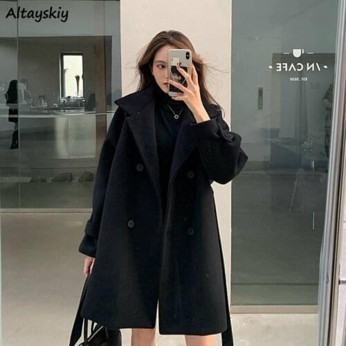 Blends Women Black Design Double Breasted Lady Coat Vintage Outwear Tender Elegant Retro Pure Ulzzang Sashes Teens Trendy A-Line
