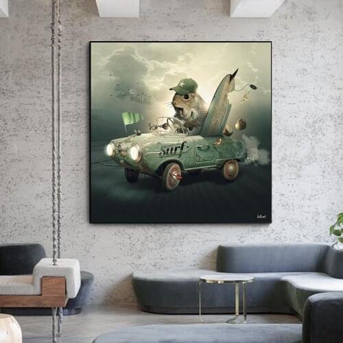 Canvas Painting Wall Art Print Poster Abstract Realism Squirrels In Cars Animal Painting Wall Pictures for Living Room Home Deco