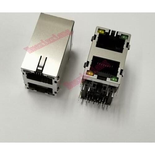 10PCS/Lot Two Ports RJ45 8P8C Female Jack/Socket Connector up-down conjoined Steel Shield Network Modular With LED and shrapnel