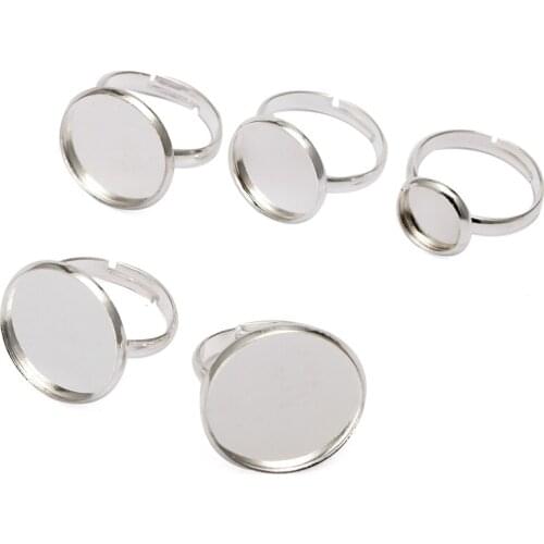 10pcs Silver Plated Adjustable Ring Setting Cabochon 10mm 12mm 20mm Round Ring Blank Base Bezel Tray for DIY Jewelry Making B