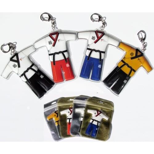 12pcs/lot) New poomsae dobok keychains taekwondo v neck 4 colors doboks key chains gifts for childrens students wholesale