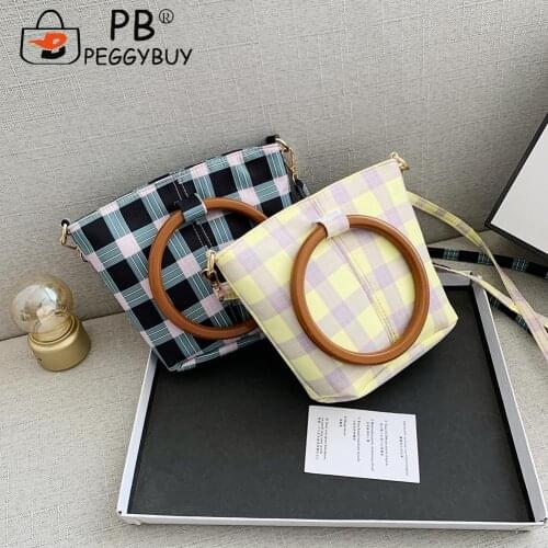 2021 Fashion Pleated Tote Bag Women Plaid Pattern Nylon Printing Bucket Crossbody Bag Fashion Top-Handle Handbags