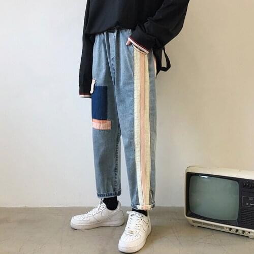 2021 New Mens Wide Leg Pants Patch Baggy Homme Casual Pants Cargo Pocket Jeans Biker Denim Blue Color Trousers Size S-2XL