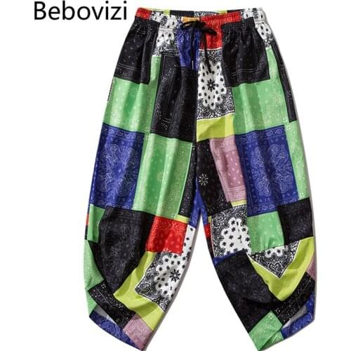 Bebovizi Patchwork Cashew Flowers Print Traditional Kimono Pants Suit Casual Loose Trouser Men Japanese Yukata Asian Clothing