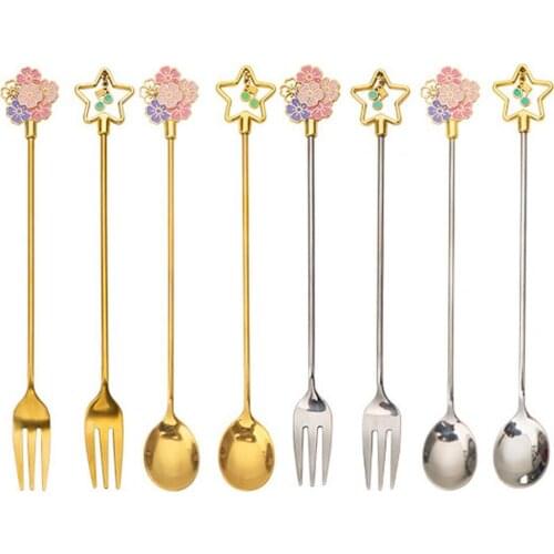 Dessert Spoon Cherry Blossom Shape Delicate Stainless Steel Five-pointed Star Fruit Fork Spoon for Coffee