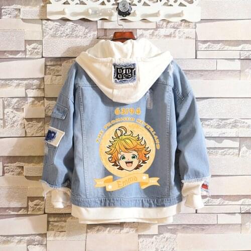 The Promised Neverland Denim Jackets Fake Two Piece Emma Print Women Men Loose Casual Spring Autumn Kawaii Jeans Coat Top 2021