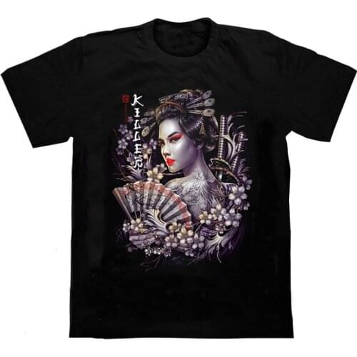 Japanese Harajuku Style Beauty Geisha Samurai Sword Cherry Blossom T-Shirt Cotton Round Neck Short Sleeve T Shirt Double Sided