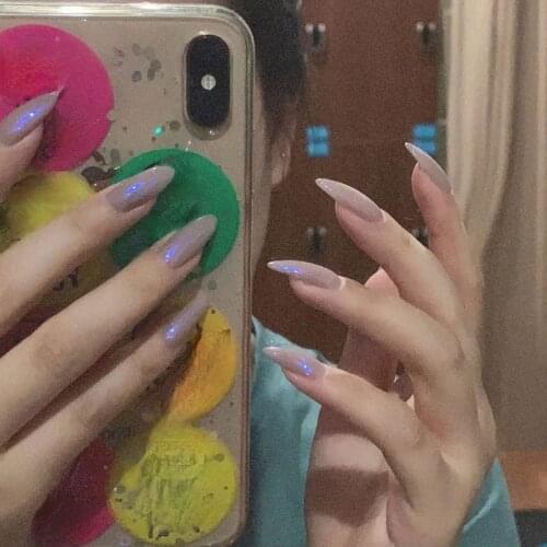 False Nail with Glue Aurora Gray Blue Purple Nail Art Mirror Medium Long Pointed Fake Nails Finished Removable Nail Art Patch