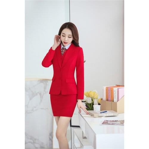 2018 Fall Winter Fashion Blue Ladies Blazers With Tops And Skirt Blazers & Jackets Sets Business Women Uniform Designs Styles