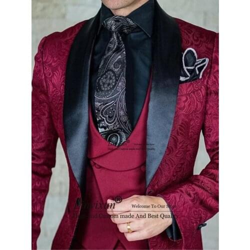 2021 Tailor-Made Burgundy Wedding Men Suits Slim Fit Tuxedo 3 Pieces Suits Groom Prom Jacquard Blazer Terno Masculino Suits