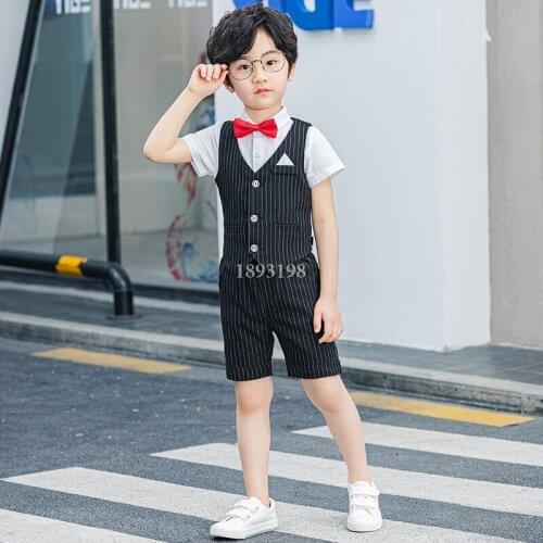 Summer New Childrens Striped Clothing Set Flower Boys Striped Vest Shorts Outfits Kids Performance Host Wedding Costume