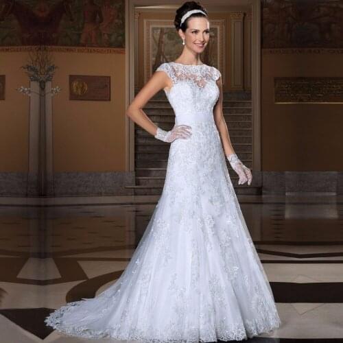 Fashion O-Neck Cap Sleeve Sheer Back Botton Vestidos De Noiva Bridal Gown Appliques Lace Wedding Dresses Custom Made