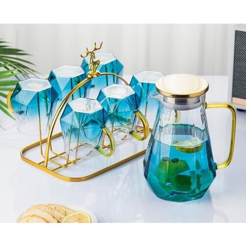 Morandi Light Luxury Amber Glass Tea Cups Set With Stainless Inverted Holder 1.5L Cold Water Pitcher Household Drinking Utensil