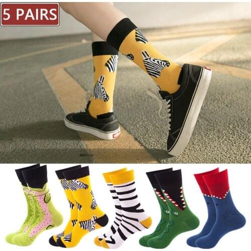 5 Pairs Men/Women Cotton Happy Socks Print Cartoon Fashion Animal Sock Zebra Crocodile Harajuku Casual Autumn Winter Socks Funny