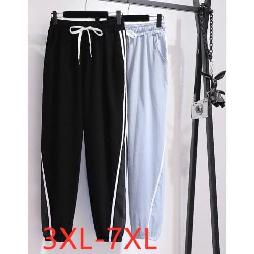 New 2021 summer plus size sports pants for women large loose casual cotton blue black pocket long trousers belt 4XL 5XL 6XL 7XL