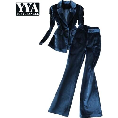New Single Button Slim Long Sleeve Korean Style Suits Sets High Waist Flare Pants Fashion Two-Piece Suit Womens 2021 Elegant