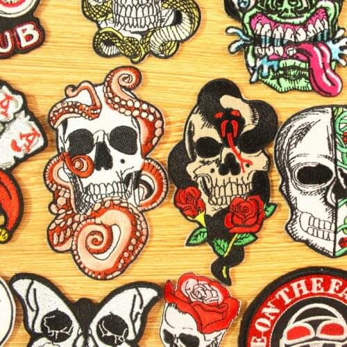 Prajna Hip Hop Skull Patch Motorcycle Embroidered Patches Skull Badges Iron On Patches For Jacket DIY Joker Appliques Stripes