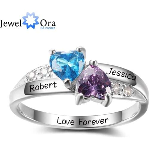 Personalized Engrave Birthstone Jewelry 925 Sterling Silver Double Heart Stone Name Ring Best Christmas Gift (JewelOra RI102402)