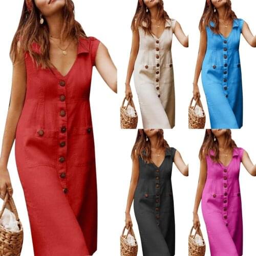 Vintage buttons women dress V neck Sleeveless Single Breasted Long summer office dress Plus Size Fashion Casual Pocket vestidos