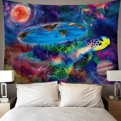 Psychedelic Colorful Planet Tapestry Turtles Under Starry Sky Ocean Tapestries Wall Blanket Tenture Mural Living Room Decor