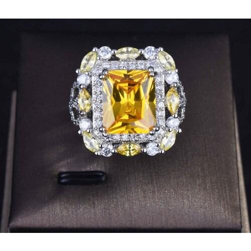 QTT Luxury Big Square Yellow AAA Cubic Zirconia S925 Sterling Silver Wedding Rings Girls Birthday Stone Jewelry