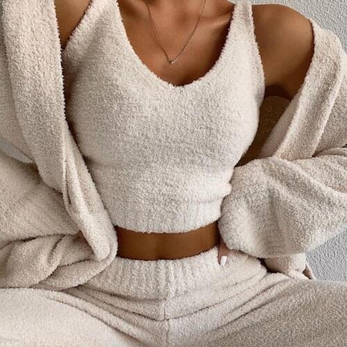 Sexy 2 Piece Set Women Tracksuit Warm Plush Sexy Sleeveless Crop Top Vest Elastic High Waist Wide Leg Pants Set Women Outfits