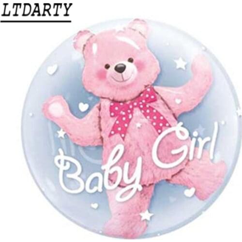 10pcs 24inch baby boy bear or girl blue pink bubble bear double foil balloon birthday baby bath decorations children toys ball