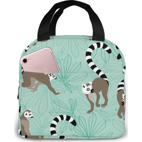 Katta Lemur With Maniok Leaves Cooler Bag Portable Zipper Thermal Lunch Bag Convenient Lunch Box Tote Food Bag