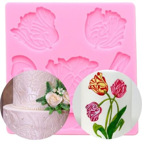 Tulip Flower Cake Border Silicone Mold DIY Party Fondant Cake Decorating Tools Chocolate Gumpaste Mould Resin Clay Candy Molds
