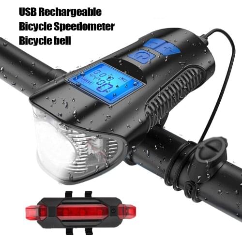 Bicycle Bell Lights LED USB Rechargeable Bicycle Speedometer Headlight Odometer Waterproof Front Light Suitable for All Bike
