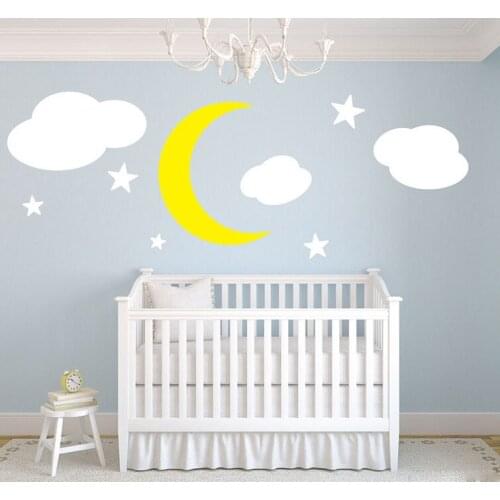 Moon Stars and White Clouds Kids Room Vinyl Wall Decal, Modern Vinyl Stickers for Baby Bedroom Nursery Wall Art Home Decor A925