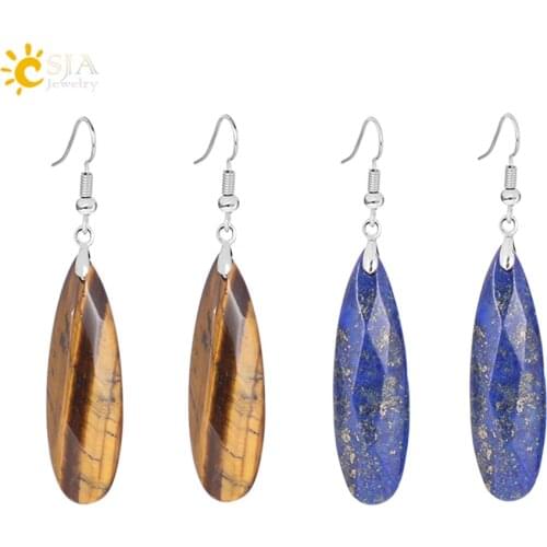 CSJA Dangle Long Earrings for Women Natural Stone Multifaceted Cutting Pendant Tiger Eye Crystal Lava Geometry Drop Earring F354