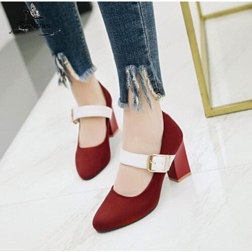 Sgesvier 2020 Autumn New Mix-colors Pumps Round Toe Shallow Thick High Heel Shoes Woman Buckle Straps Office Ladies Shoes B574