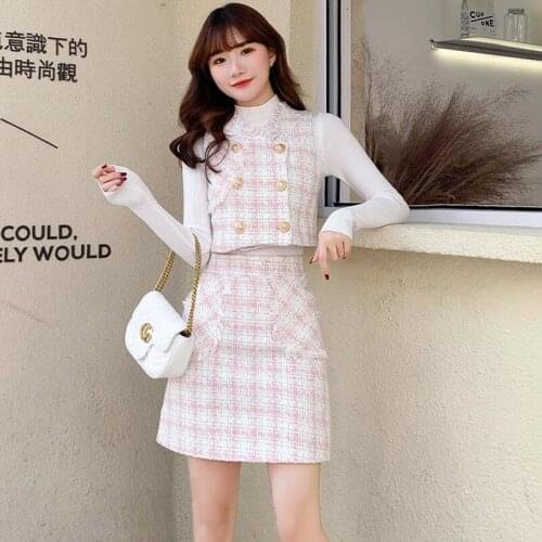 Autumn Winter Women Wool Clothing Set Sweet Golden Double Breasted Tweed Vest Crop Top + High Waist Pocket Mini Skirt Plaid Suit