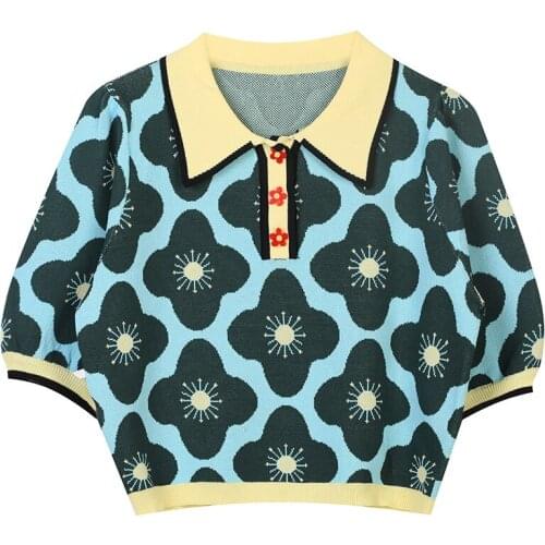 Ladies Polo Collar Knitted Sweater Contrast Color Jacquard Short-Sleeved Knitted Top Fashion Flower Button Thin Sweater 2021 New