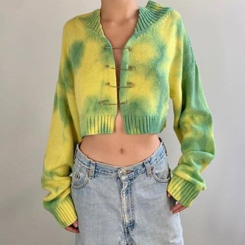 Print Knitted Cardigans Sweater Women Vintage Tie Dye Cropped Cardigan Female Casual Long Sleeve Knitwear V Neck Streetwear