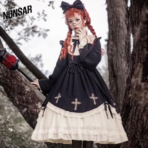 NONSAR Black Gothic Rose Lolita Dress Women VestidosMujer Starry Night Cross Op Long Sleeve Embroidery Robe Ete 2021