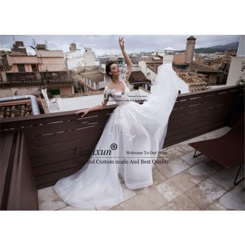 Scoop Neck Sheath Spring Women Wedding Dresses Appliques Lace 2 In 1 Formal Bridal Gowns Slim With Detachable Train Bridal Gowns