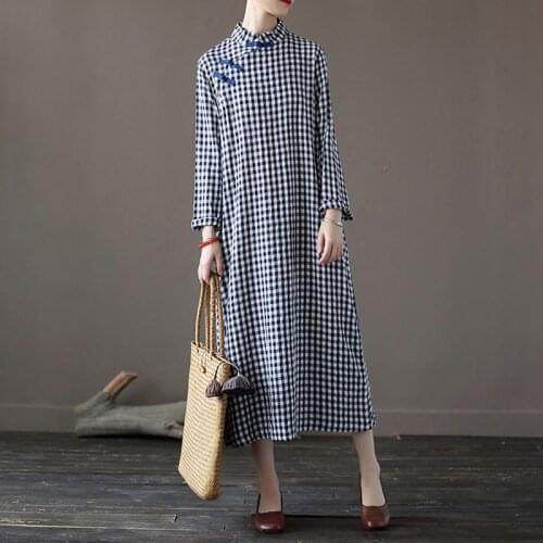 Johnature Women Chinese Style Dresses Stand Long Sleeve Plaid Button Cheongsam 2021 Autumn New Cotton Linen Female A-Line Dress