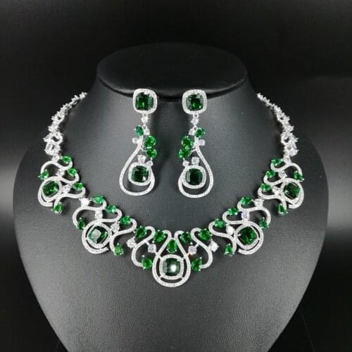 2021 new fashion luxury retro GREEN CZ zircon necklace earring set,wedding bride dinner party banquet dress popular jewelry SET