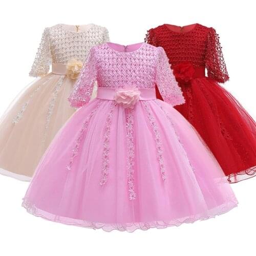 2021 Christmas Dress Beading Formal Elegant Wedding Gown Princess Dresses Flower Evening Kids Party For Girl Children Clothing