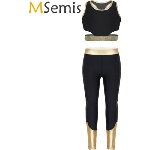 Kids Girls Ballet Leotard Costume Fitness Racer Back Stretchy Tanks Bra Tops Crop Top with Leggings Pants for Stage Performance
