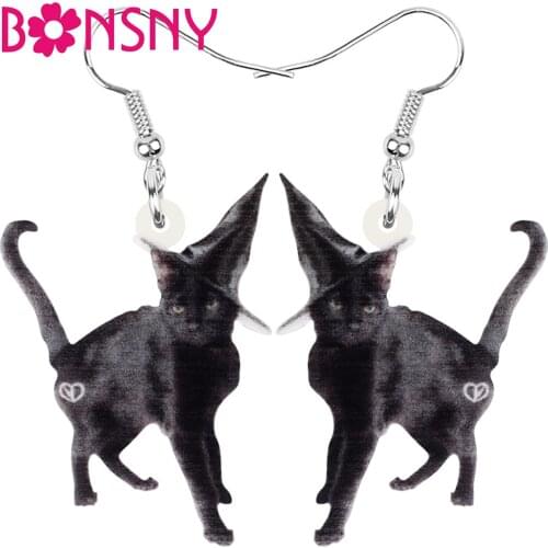 Bonsny Acrylic Halloween Black Cat Earrings Cute Kitten Animal Dangle Drop Jewelry For Women Kids Teen Birthday Gift Accessories