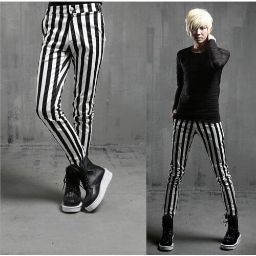 Hot 2021 New Men Fashion Casual Pants Korean Slim Striped Pants Feet Tide Personality Hairstylist Nightclub Trousers Costumes
